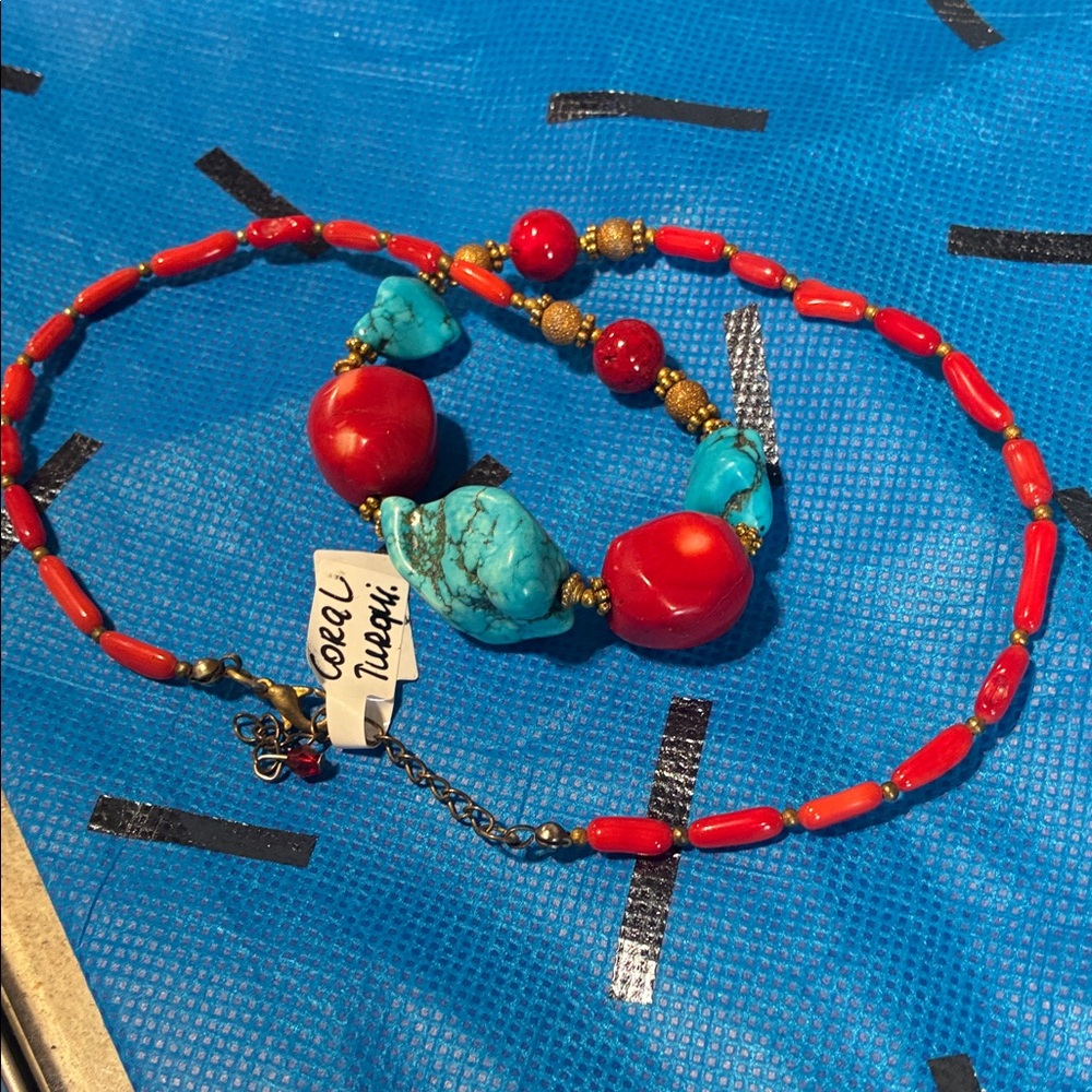 Natural Red Coral and Turquoise Necklace
